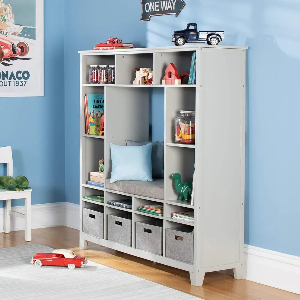 

Gray Wooden Storage System with Cushioned Seat, Shelves, and Storage Bins; Children's Reading Corner Bench
