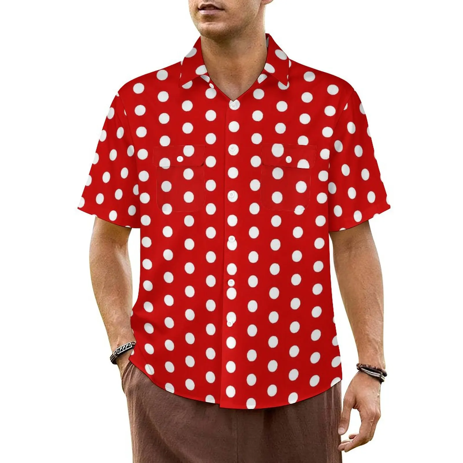 

Red White Polka Dot Vacation Shirt Men Vintage Print Retro Casual Shirts Hawaiian Short-Sleeve Harajuku Design Oversize Blouses