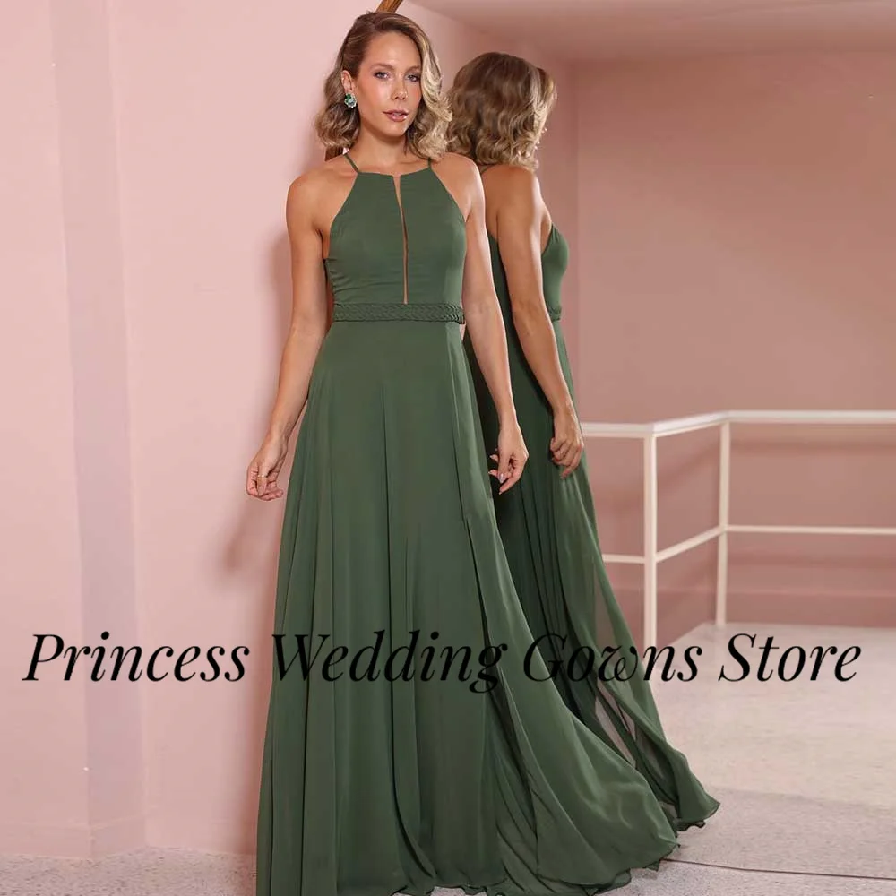 Customized Minimalist Green Evening Gown Crew-Neck Chiffon Hollow Party Dress Elegant Floor Length for Women Romantic Prom Dress