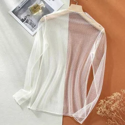 Sexy See Through Tops Women Transparent Long Sleeve Lace T-shirt Mesh Tulles See Through Tops Shirt Tees White Black Beige Pink