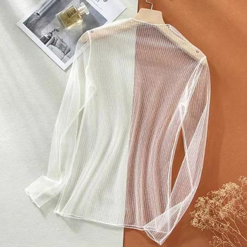 Sexy voir à travers les hauts femmes Transparent à manches longues dentelle T-shirt maille Tulles voir à travers hauts chemise t-shirts blanc noir Beige rose