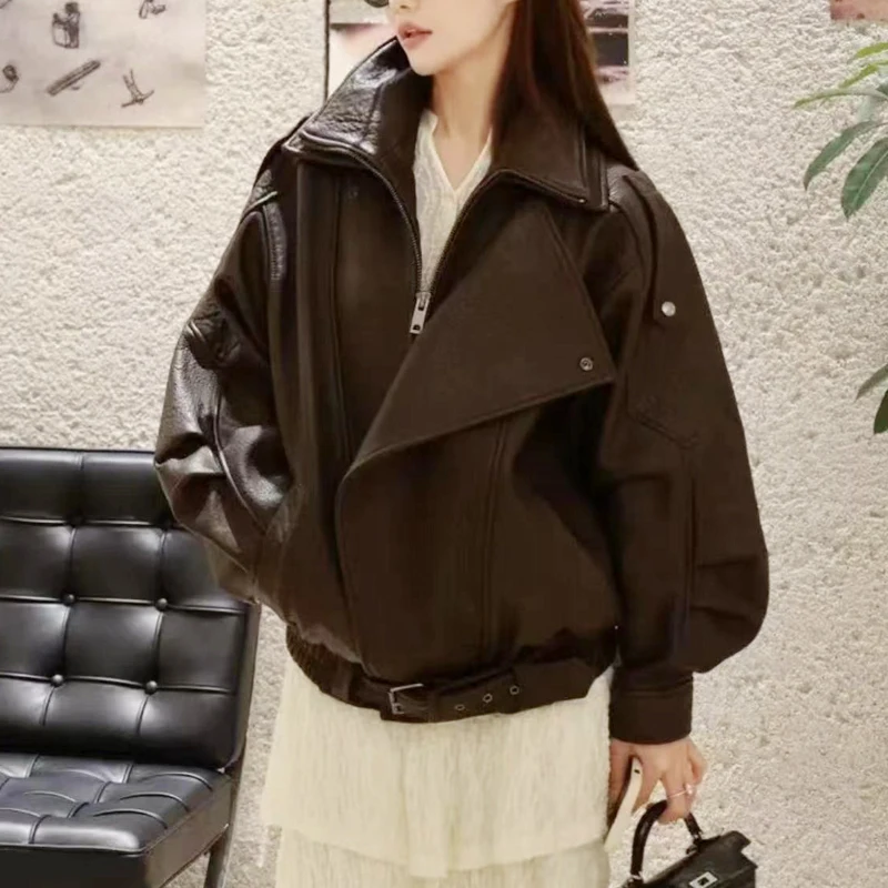 High Street Double Collar Leather Jacket for Women 2024 Puff Raglan Sleeve Locomotive Long Coat Female Moda Oversized Outwears