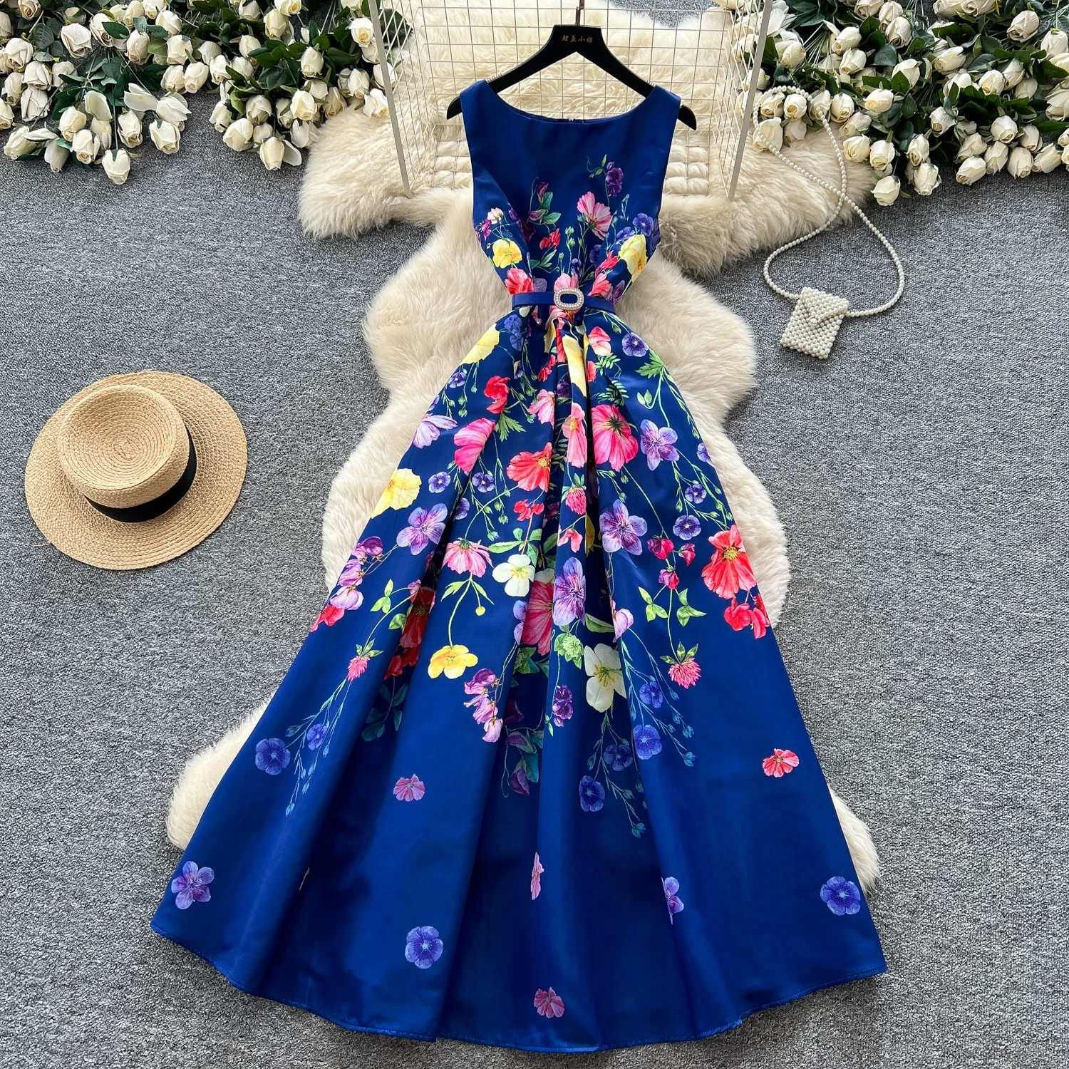 

Summer Jacquard Floral Dress Women's Sleeveless Tank Vest O Neck Empire Flower Print Long Beach Party Midi Evening Dresses