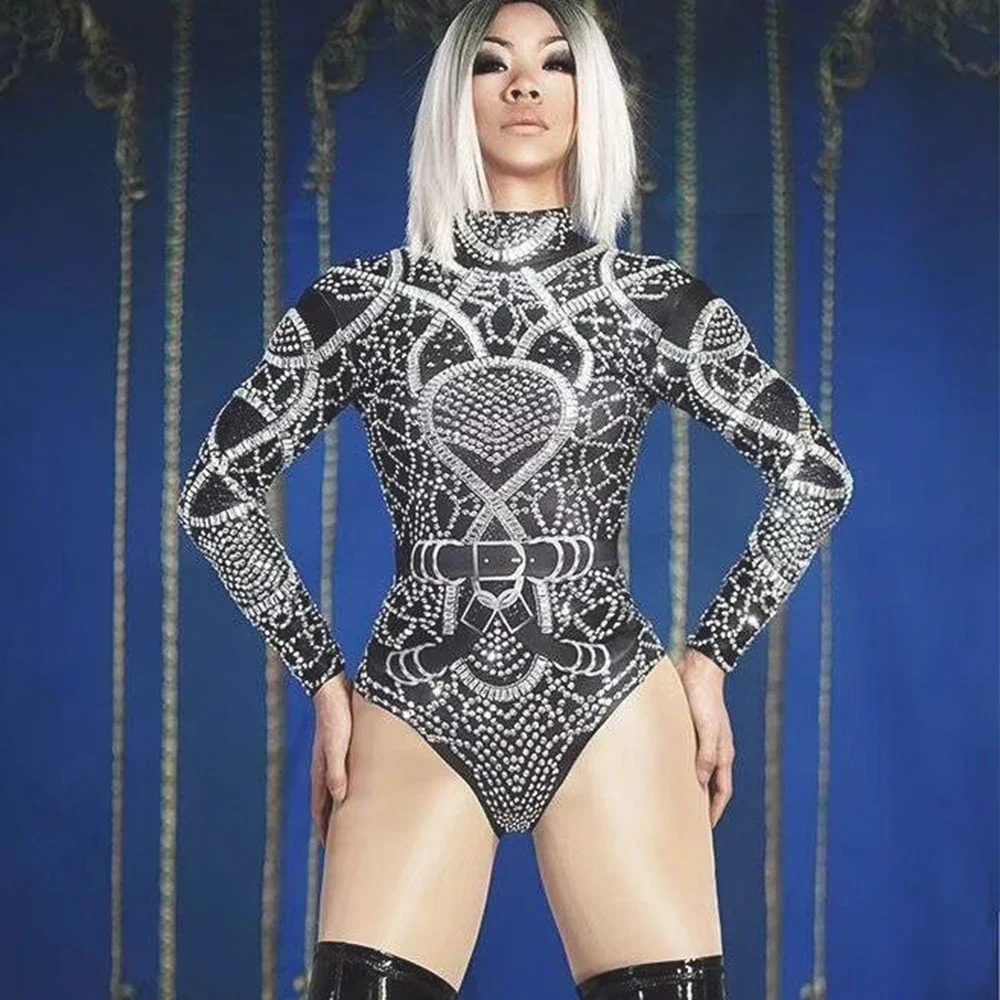 Mulheres brilhando embelezado strass bodysuits apertados manga longa collants cantor dançarino palco wear trajes drag queen