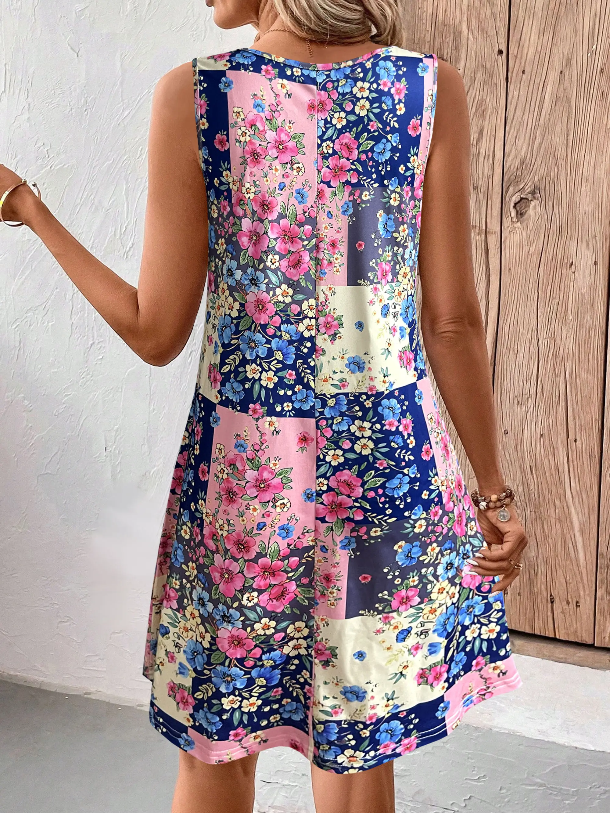 Women's Floral Patchwork Print Sleeveless Dress, Summer Casual Round Neck Loose A-Line Sundress