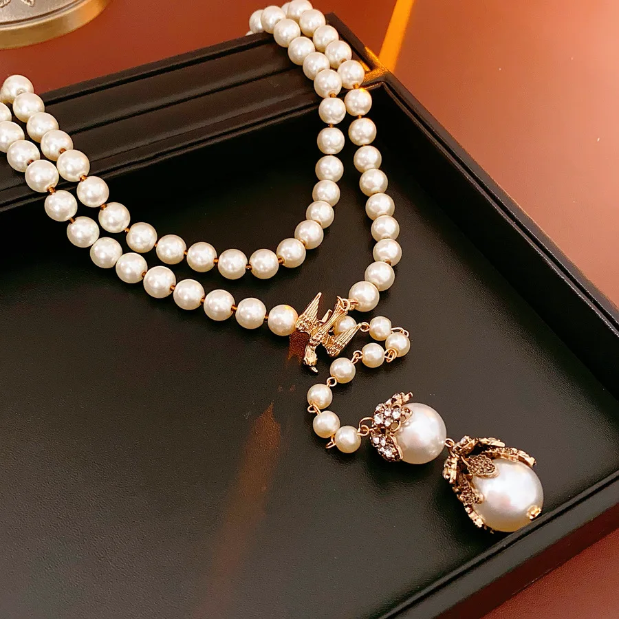 Zircon flower bird pearl necklace Long wool knitted chain French vintage accessories