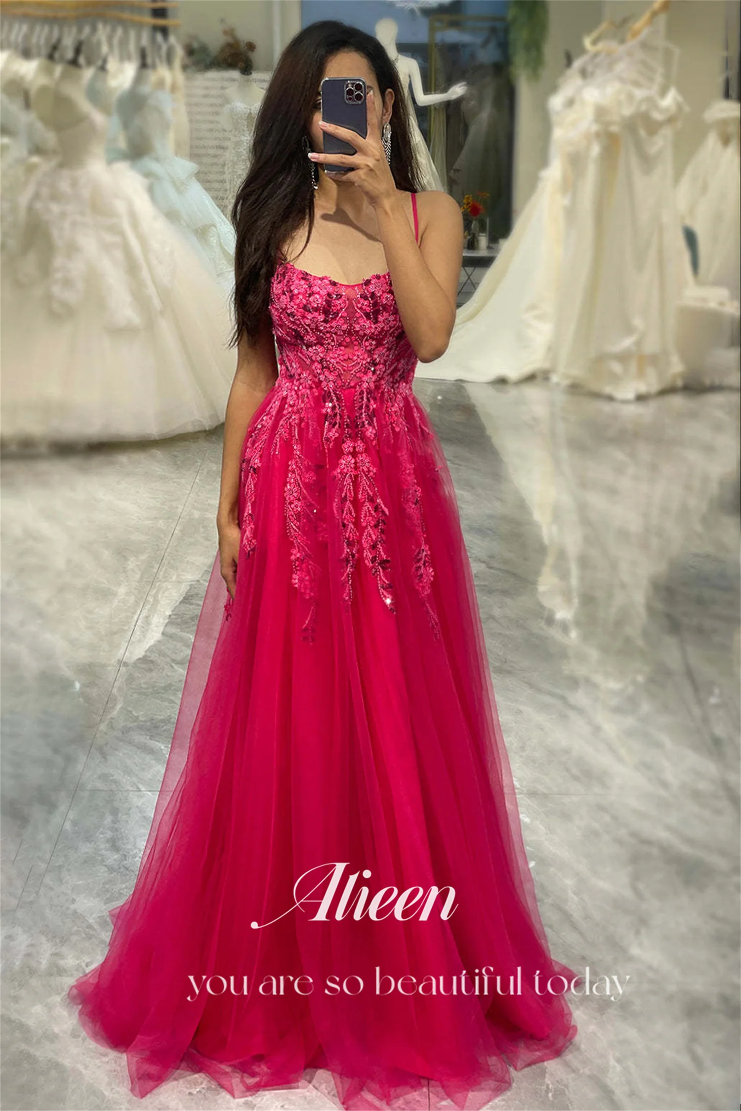 Aileen Perlen Rose rot A-Linie glänzende Spaghetti träger Brautjungfer Kleid Frau Abendkleid Kleider zum Verkauf Ausverkauf