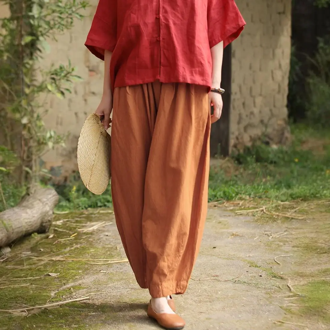 

LZJN 2025 Spring/Summer Linen Casual Pants for Women: Elastic Waist, Slimming Harem Pants, Solid Color, Lantern Pants
