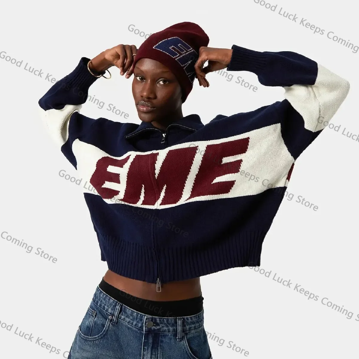 

Street Fashion Brand Fashion Oversized Sweater Women in Winter Warm Letter Splicing Embroidered Cardigan Simple Zipper Cardigan