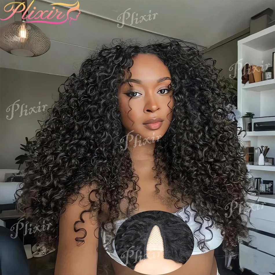 

Бесшовный кудрявый парик V-образной формы из натуральных волос для женщин, без необходимости оставлять свои волосы, 180% плотность, черный, 30 дюймов, готовый к носке