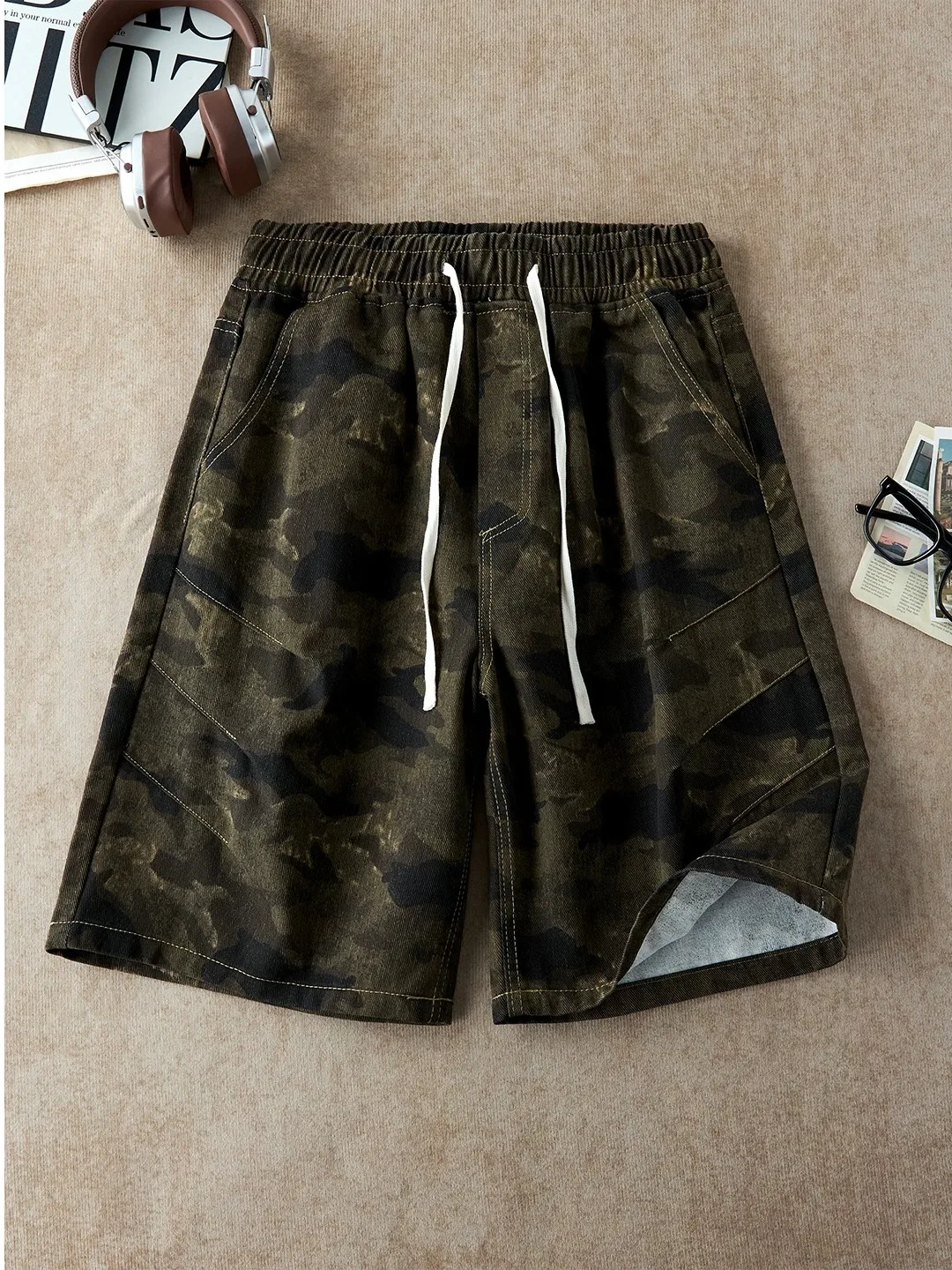 

American Retro Camouflage Pleated Shorts Men's Summer Thin Quick Dry Drawstring Five-Quarter Loose Straight Casual Pants