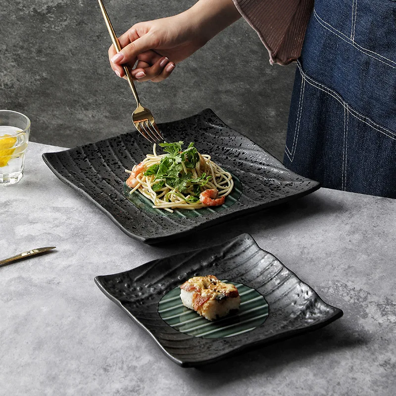 1pcs Japanese-style Ceramic Platter Black Flat Commercial Pasta Platter Japanese Sushi Platter Dish Home High-grade Dining Plate