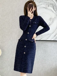 ZJYT Runway Long Sleeve Knitting Sweater Dresses for Fall and Winter Women Korean Style Buttons Basic Knitwear Casual Party Robe