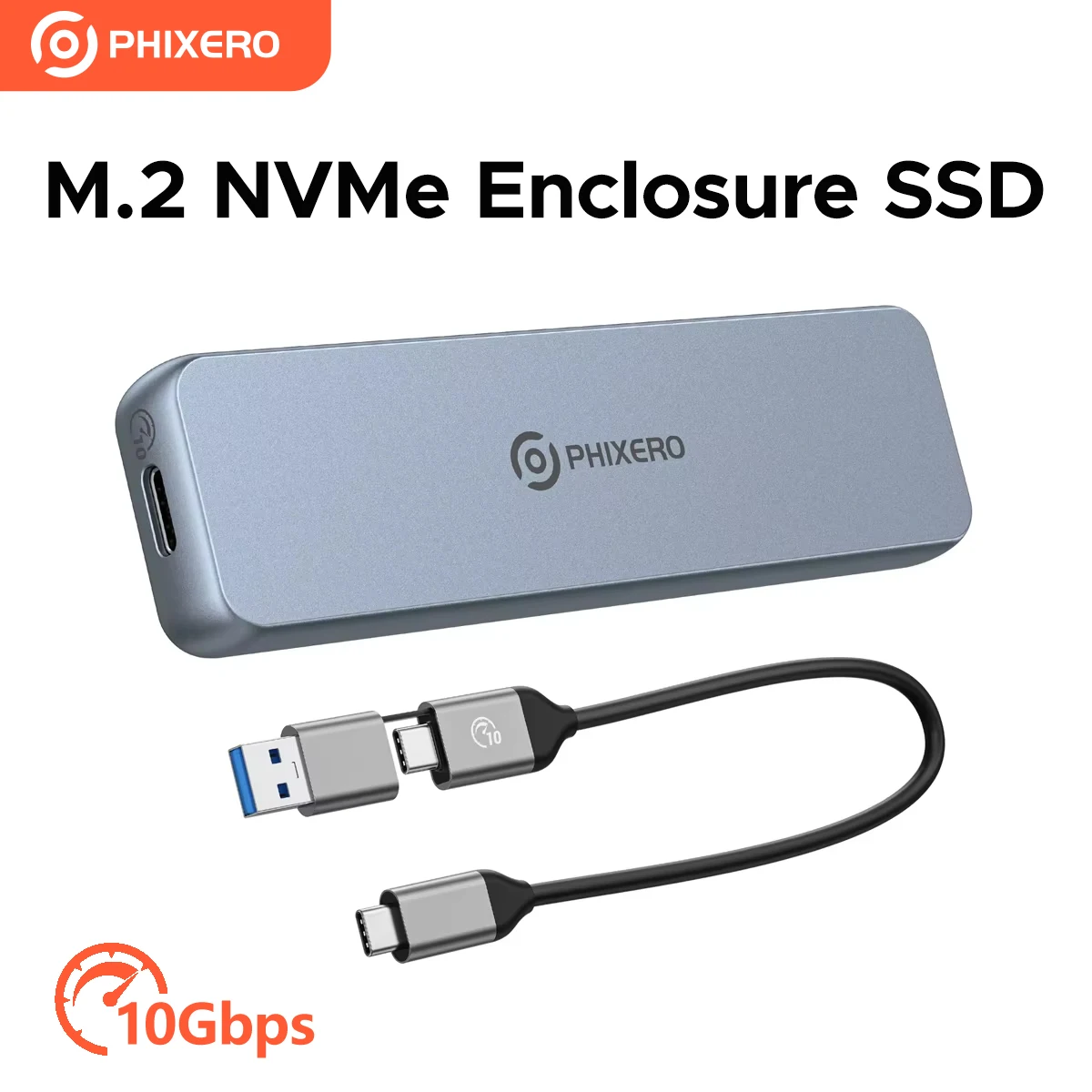 PHIXERO M.2 NVMe SSD Enclosure10Gbps Aluminum Alloy Type-C External Hard Drive Case Max 4TB,Compatible with Windows/Mac OS/Linux
