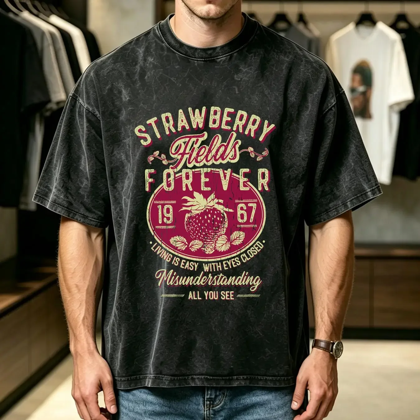 washed T Shirt Strawberry Fields Forever Living Is Easy With Eyes Closed S 5XL vintage Washed Stylish homme Casual