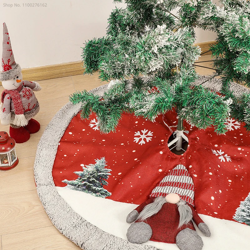 Thick Christmas Tree Skirt Red Christmas Tree Foot Cover Snowflake Santa Claus Printed Christmas Tree Carpet Base Mat Decor