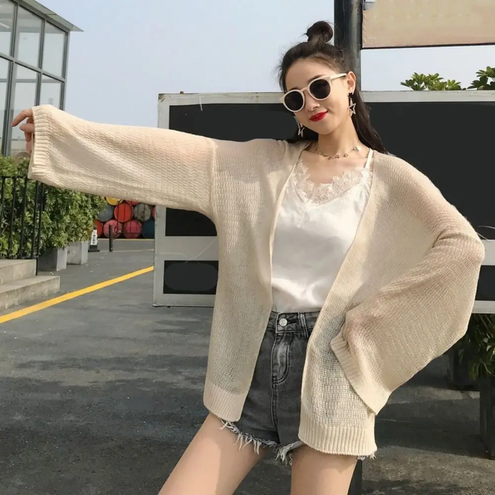 

Simple See Through Hollow Crochet Cardigan Long Sleeves Thin Knitted Crochet Top Shawl Loose Sun Protection Top Beach