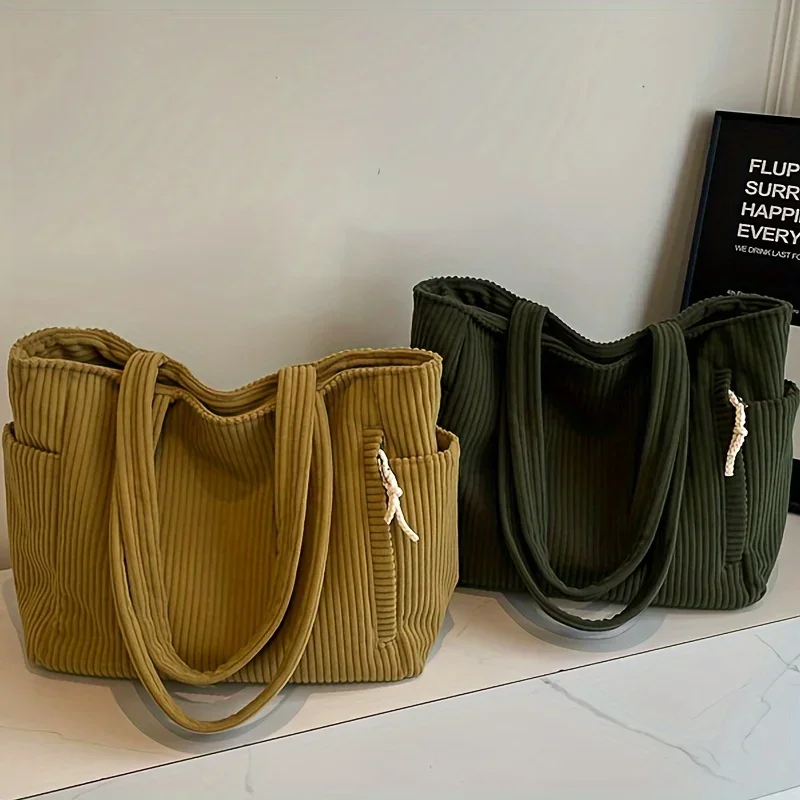 Leichte Cord-Handtasche mit großem Fassungsvermögen und Reißverschluss, einfarbige lässige Umhängetasche für den täglichen Pendelverkehr – Detail 5