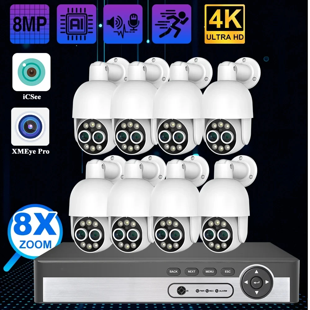 Techage 8CH 8MP PTZ PoE Camera System 4K 8X Zoom Dual Lens Human Detect Record NVR CCTV Video Surveillance Security Camera