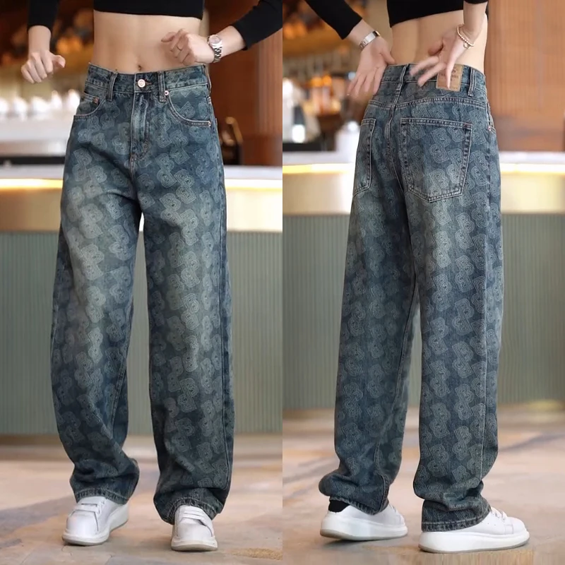 

Retro Loose Straight Leg Men's Jeans High Street Fashion Brand Embroidered Wide Leg Pants Cotton Casual Comfortable Fit
