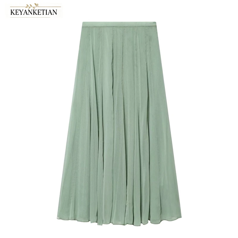 

KEYANKETIAN 2026 Summer Mint Green Textured Chiffon Maxi Skirt High Waist Multi Pleat Flowy A Line Long Swing Midi Skirt