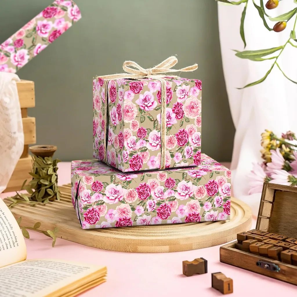Kraft Wrapping Paper Kraft Coated Paper Wrap Rolled Wrapping Paper Floral Gift Wrap Roll For Scrapbook Decoration Party Diy view 4
