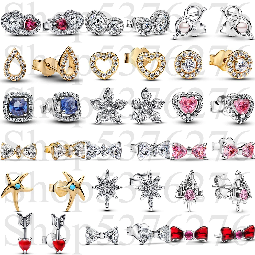 

925 Sterling Silver Elevated Pink Heart Embracing Square Blue Round Pavé Halo Fashion Stud Earrings For Women Gift DIY Jewelry