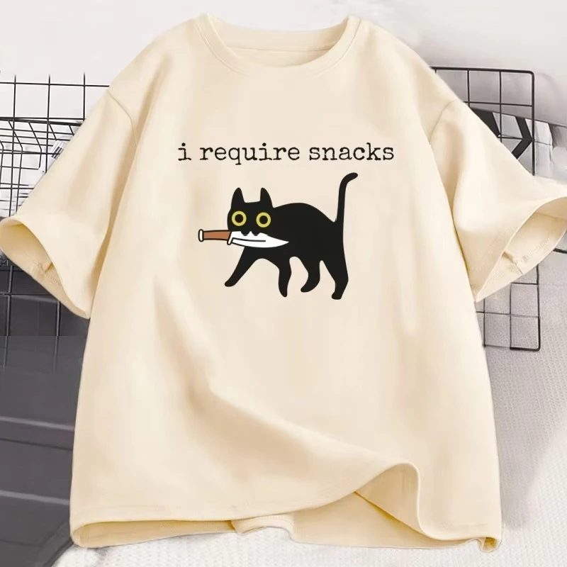 I Require Snacks T-Shirt Women Funny Black Cat Tshirt Cat Mom Cotton Short Sleeve Round Neck Tees Streetwear Man Clothes Tops