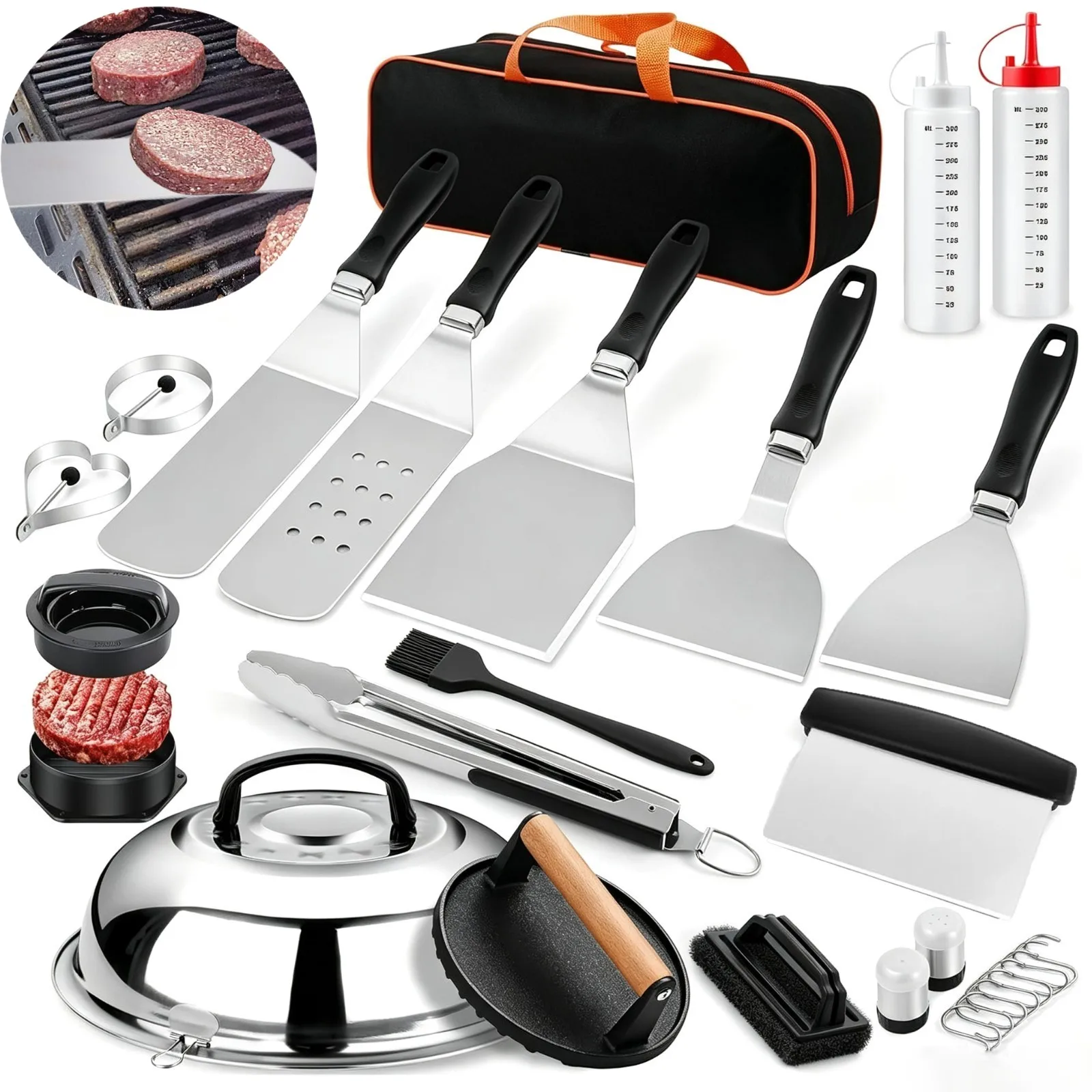 Set di 29 pezzi di utensili per barbecue, accessori per griglia, pressa per hamburger, spatola per griglia, campana per hamburger in acciaio inossidabile, accessori per plancha.