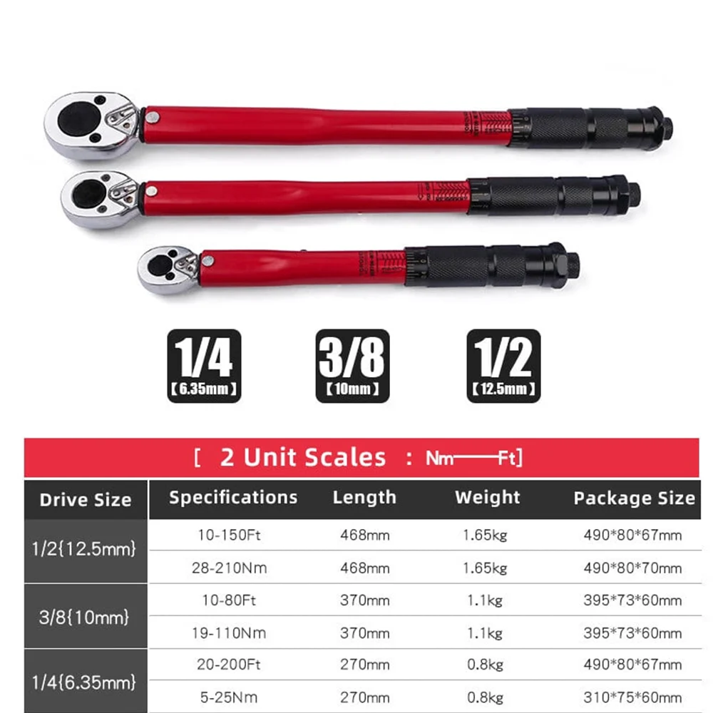 2-210N.m Torque Wrench 1/2 3/8 1/4 Precise Reversible Ratchet Torques Key Professional Bicycle Motorcycle Car Automotive Tool