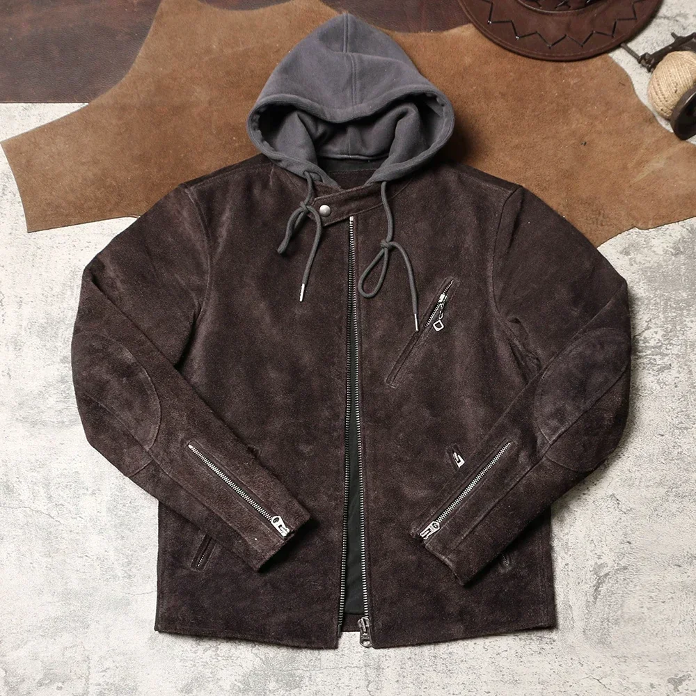 

Venom Three Generations of Soft and Thin Suede Cowhide Jacket, Japanese Retro Bike, Hooded Leather Jacket