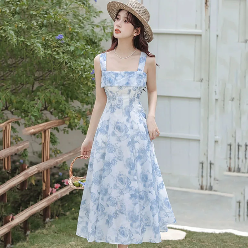 

Seaside Holiday Beach Dress Women 2024 Summer Fashion French Style Floral Sling Dresses Female Elegant Sleeveless Print Vestidos