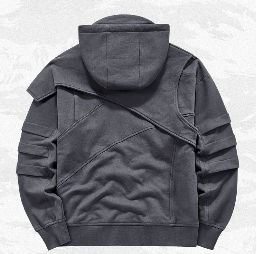 Multi level design sense hooded sweatshirt fake two piece American functional wasteland style jacket
