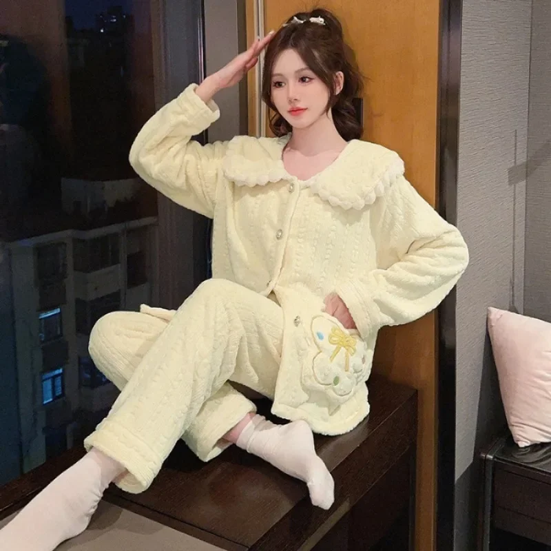 Big Size M-5XL Women Flannel Pajama Set Autumn and Winter Warm Sleepwear Long Sleeve Cardigan Trouser Suit  Home Clothes Outwear