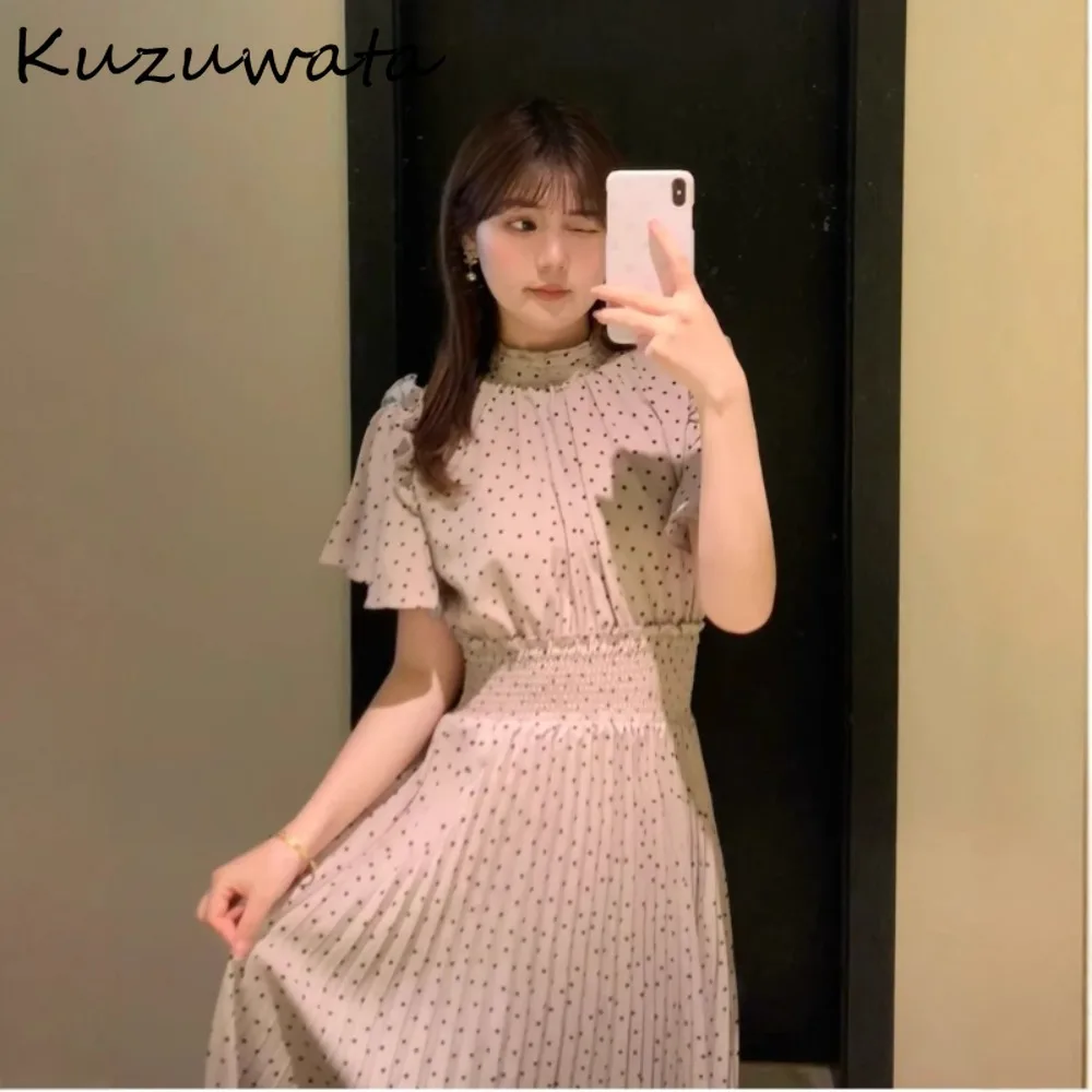 

Kuzuwata Simple Office Lady New Print Mujer Polka Dot Flying Sleeve Fungus Slim Waist Chiffon Robe Japan Pleated Elegant Dress