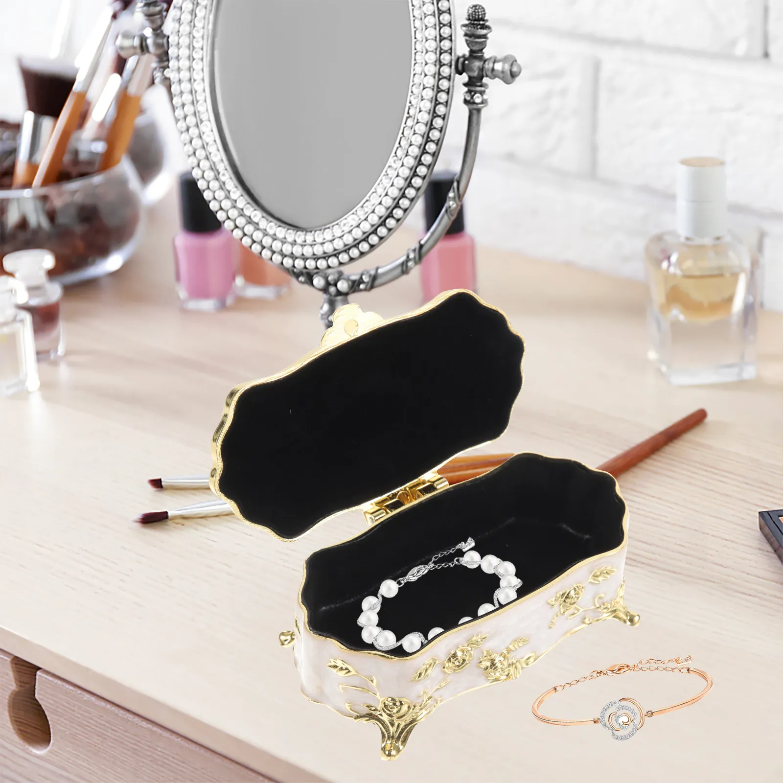 

Alloy Jewelry Box For Earrings Ring Necklace Storage Trinket Organizer Desktop Decor Vintage Keepsake Case Home Decor