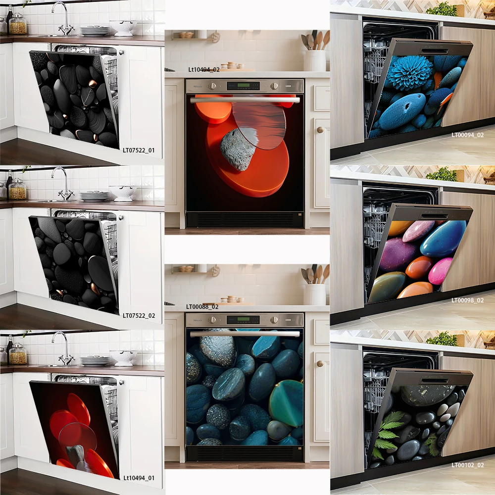 Black Stone & Colorful Pebble Dishwasher Decal, Abstract Rock Art, Waterproof Removable Kitchen Appliance Sticker