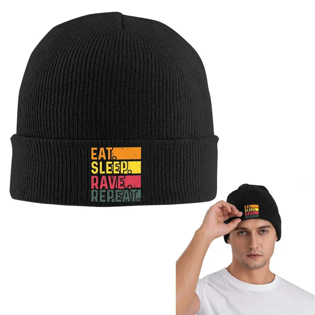 Eat Sleep Rave Repeat Warm Knitted Cap Fashion Bonnet Hat Autumn Winter Outdoor Beanies Hats for Unisex Adult