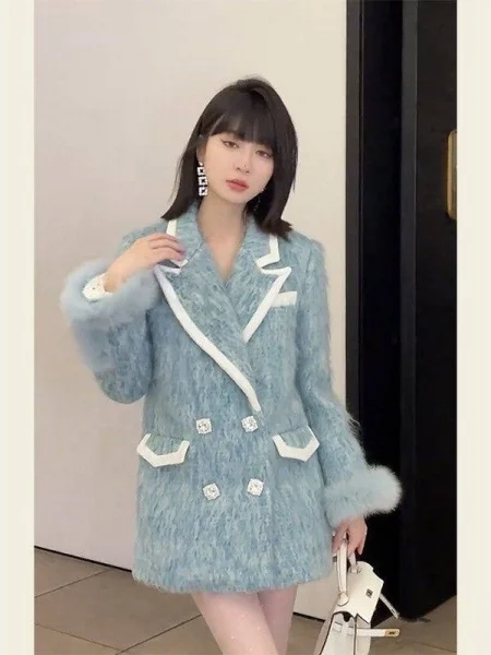 

plus Size Blue Woolen Coat Women's Double Breasted High Quali Ele Winter New Sle Casual ape Fit Ladies Jaet