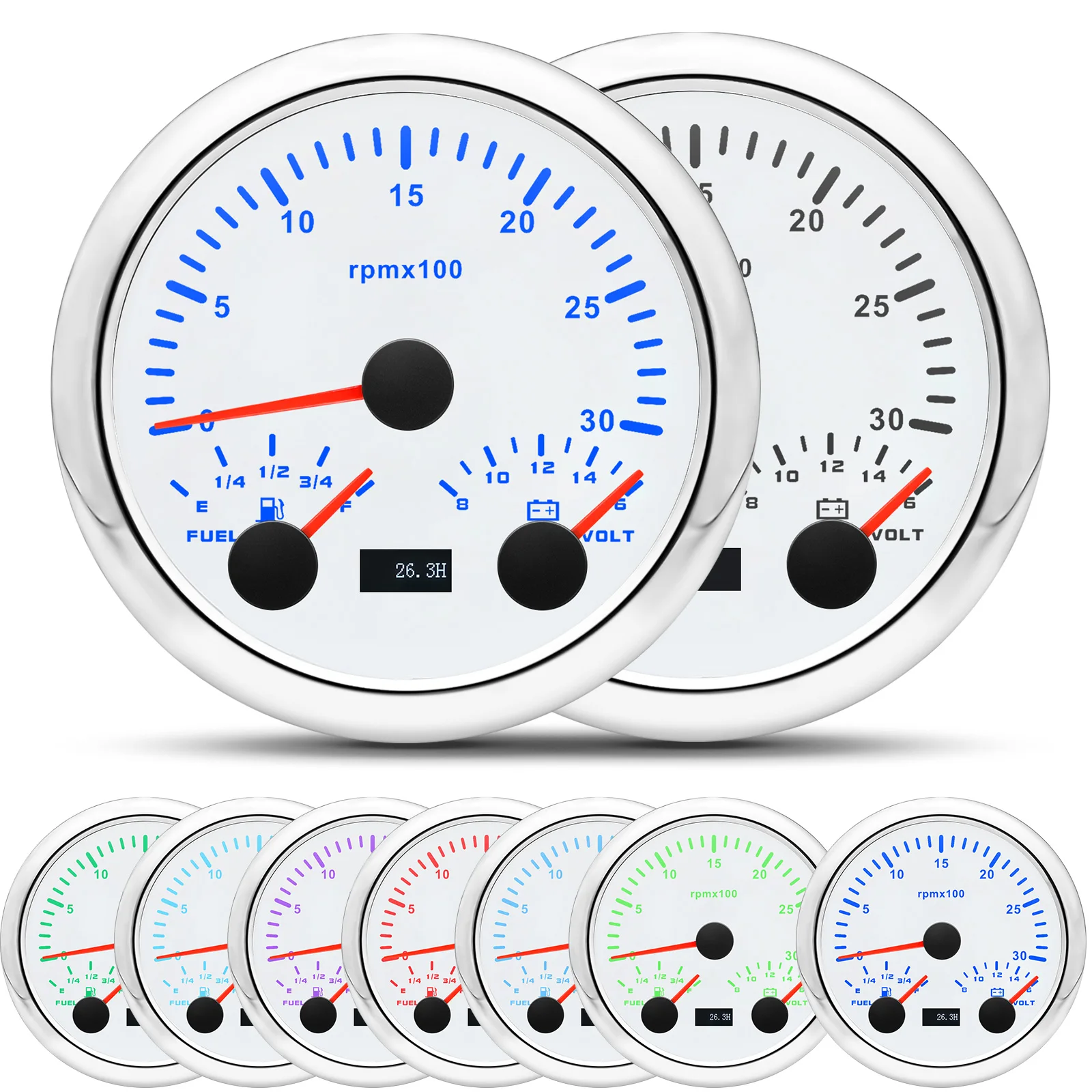 85mm Universal 3 IN 1 Gauge Tachometer+Fuel Level Meter+Voltmeter For 12V 24V Car Marine Boat 3000RPM 7 Color LED Backlight