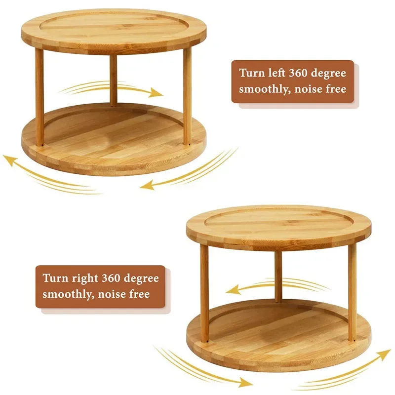 Bamboo turntable spice rack 2-layer bamboo kitchen counter top cabinet, rotary condiment storage box, cosmetics shelf