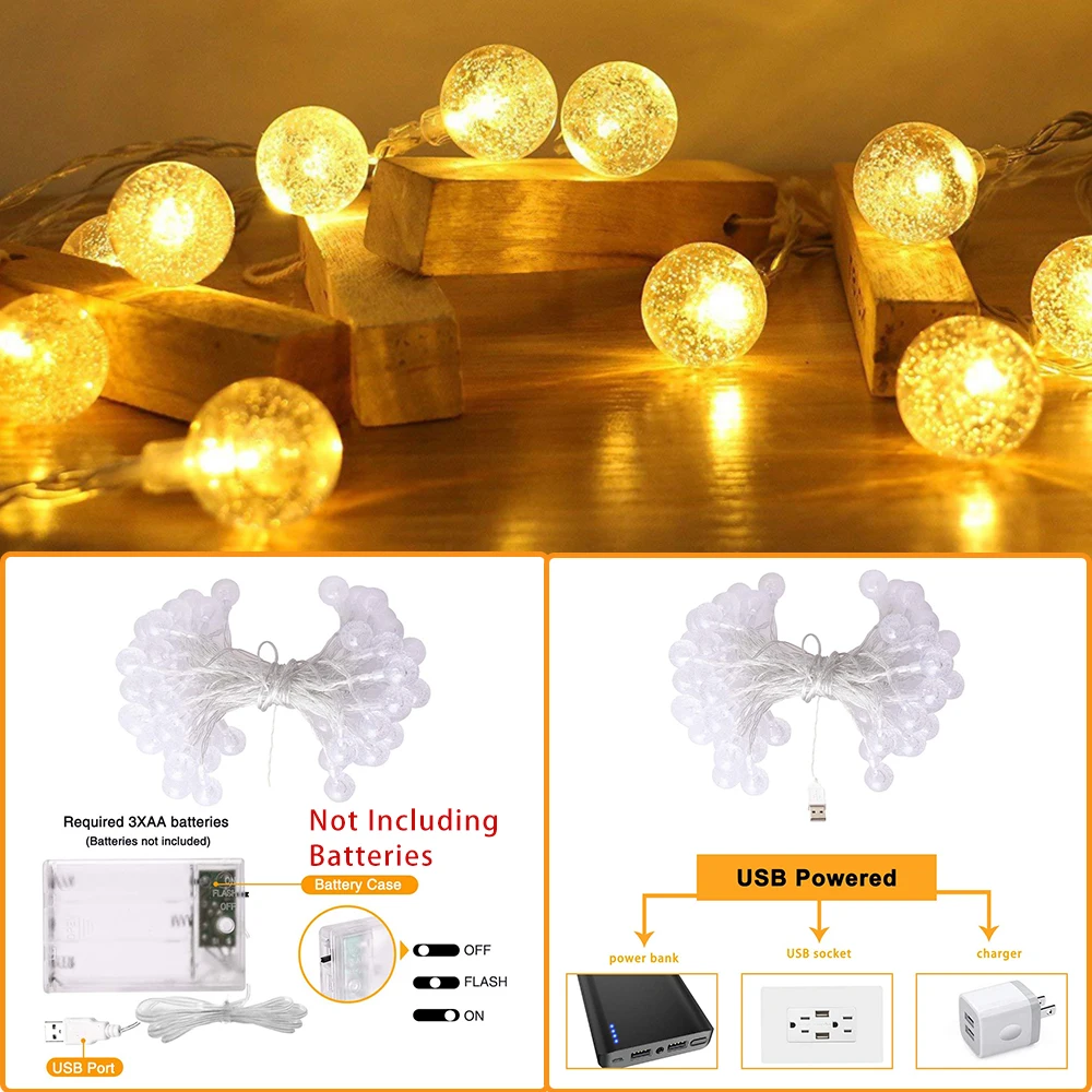 Хрустальные шарики, 40 светодиодных гирлянд в форме шара с питанием от USB/батарейки, пузырьковые хрустальные шары, гирлянды для вечеринки, рождественского декора