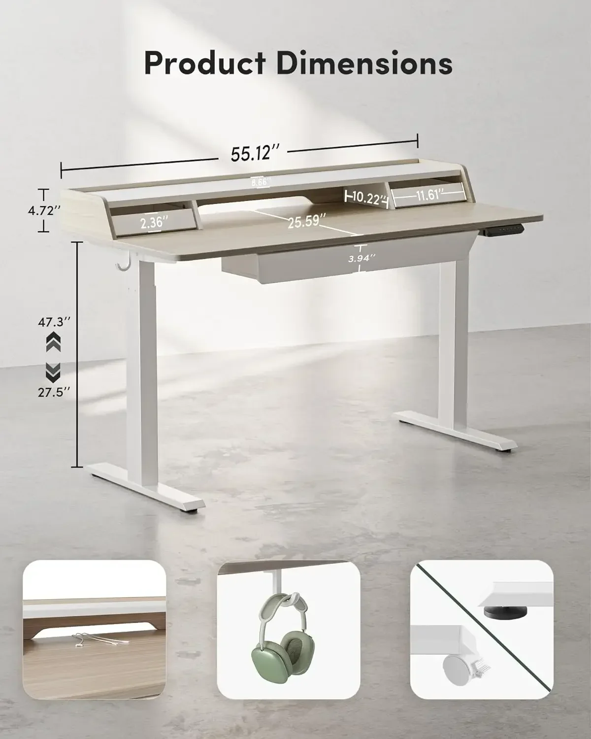 55 x 24 Inch Electric Standing Desk with 3 Drawers, Adjustable Height Stand Up Desk, Sit Stand Home Office Desk