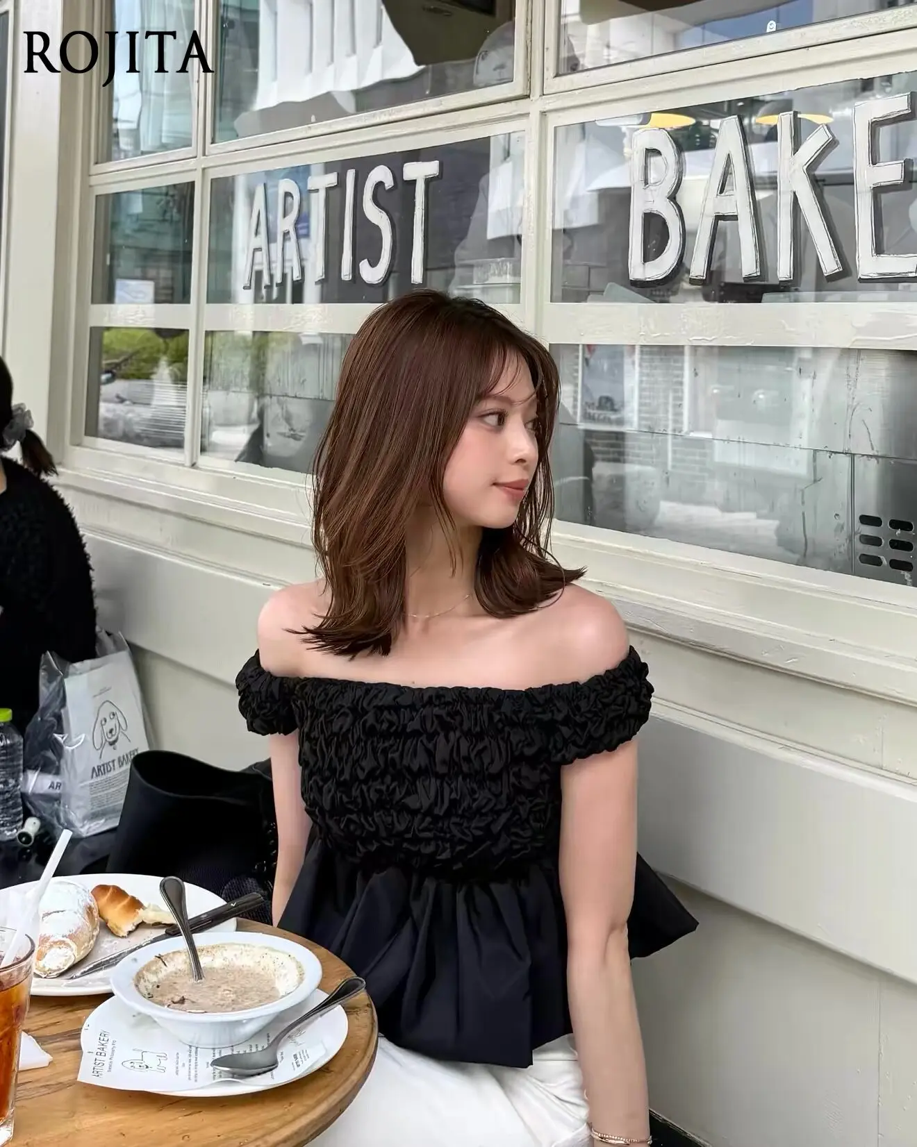 Black Solid Off The Shoulder Crop Top Ruched Bodice Short Puff Sleeve Flared Peplum Hem Slim Fit Y2K Elegant Women Blouse