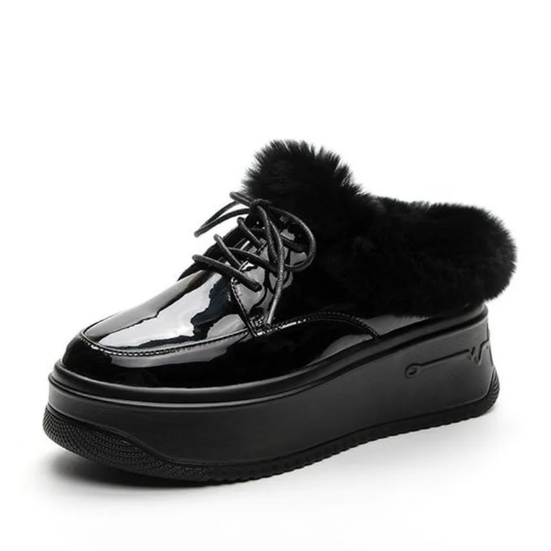 

Новинка 2023 года, женские тапочки на танкетке, модные осенне-зимние туфли-лодочки с круглым носком, женская обувь из натуральной кожи на платформе, женская плюшевая обувь