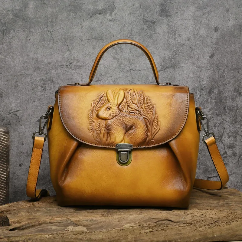 

Women Vintage Handbags Bag Rabbit Embossed Handmade Luxury Designer Handbag Cowhide For Women Genuine Leather Shoulder bags