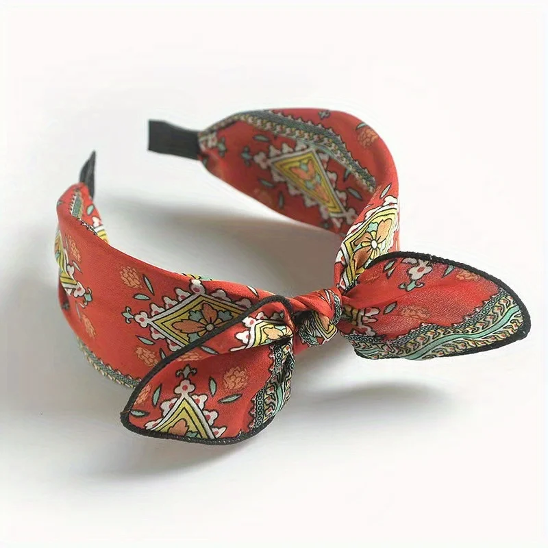 

Vintage Wide Bow Headband Boho Floral Print with Cross Knot Design Elegant Resort Headwear for Women Beach Vacation