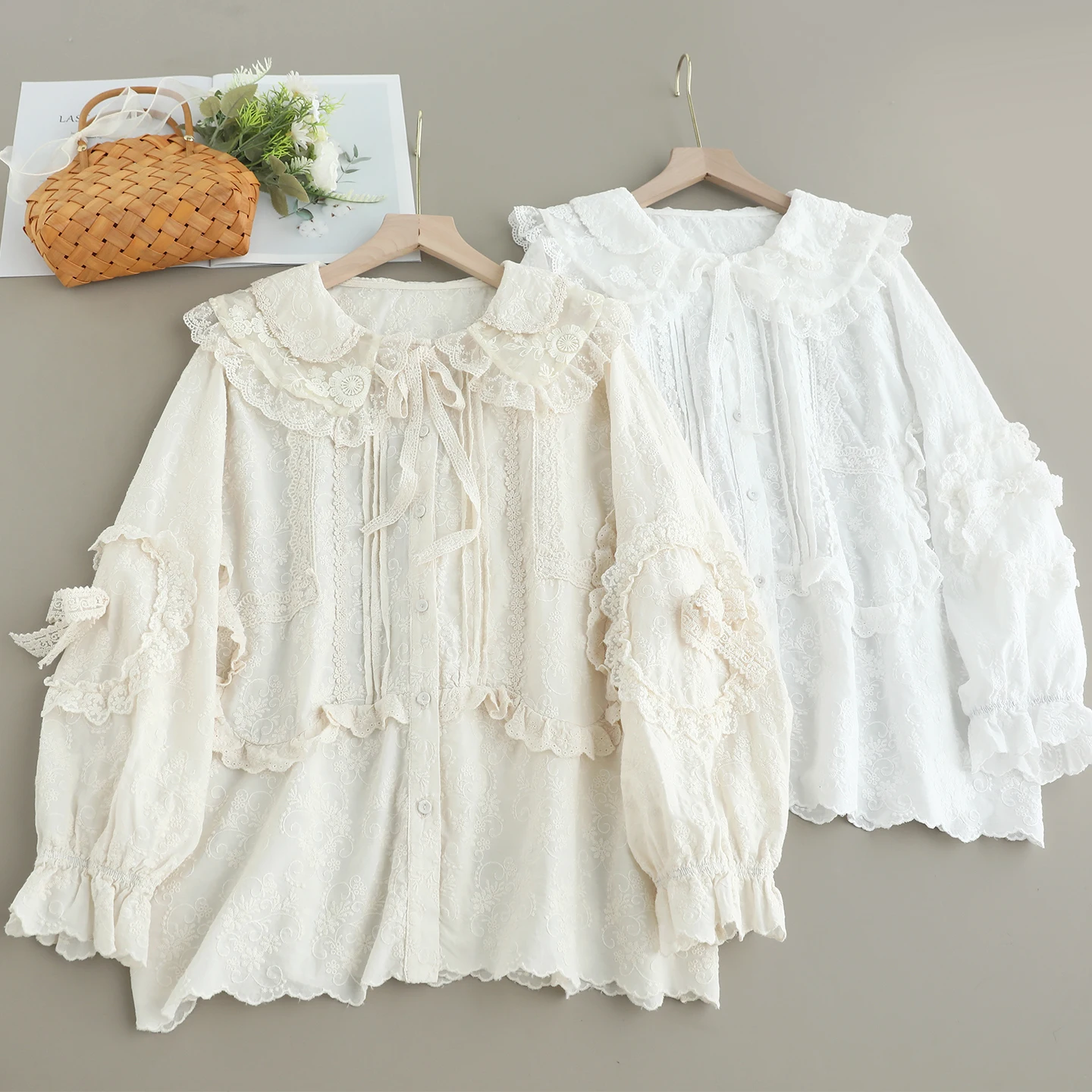 

Japanese Sweet Mori Girl Solid Color Embroidery Cotton Shirts Women Autumn Cute Peter Pan Collar Long Sleeve Casual Loose Blouse