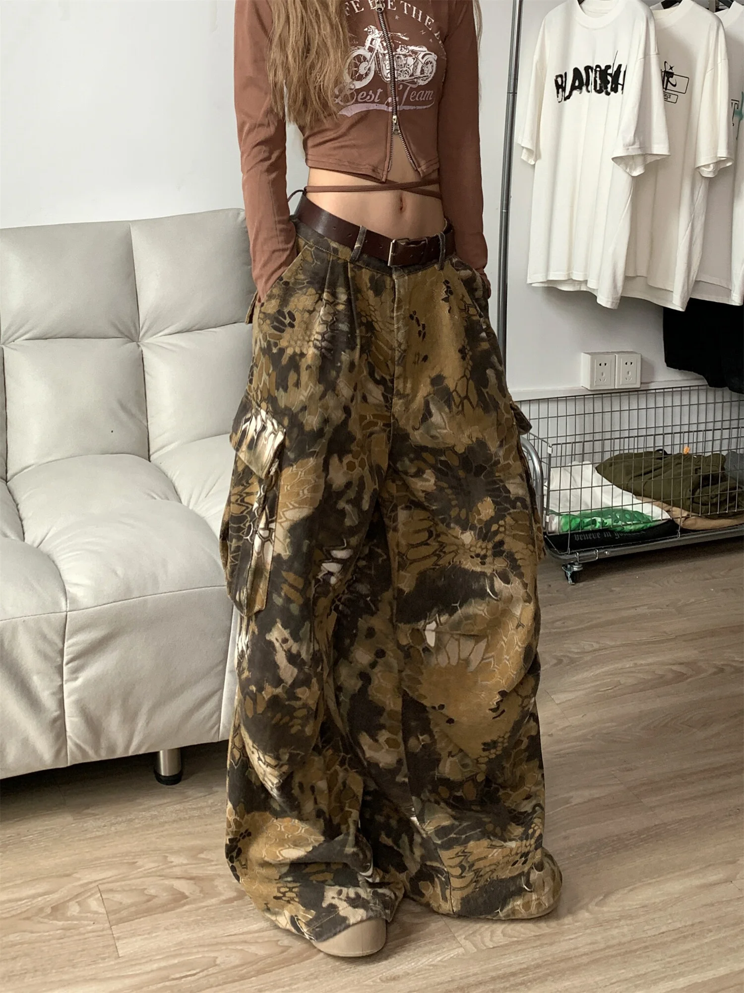 

Cool Girl Американский Ретро Уличный Хип-Хоп Пустынный Ветер Змеиная Кожа Камуфляж Multi ket Спецодежда Брюки ex Джинсовые Джинсы