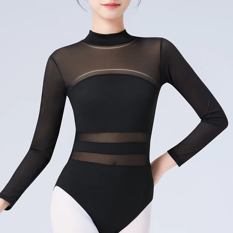 Adult Bodysuit Women Gymnastics Mesh Splice Long Sleeve Wear Ballet Dance Black White Ballet Leotards